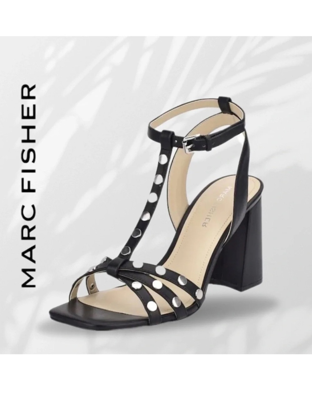 Marc Fisher Black Studded T-Strap Sandals with Silver Accents
